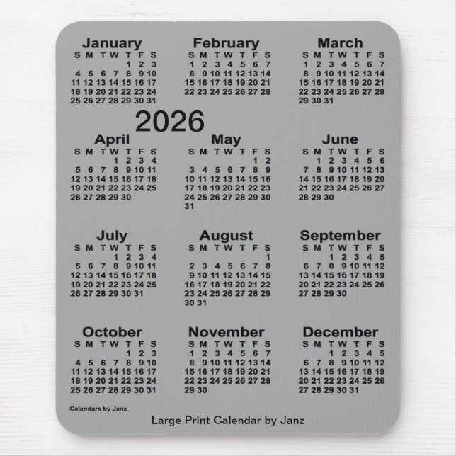 Alfombrilla De Ratón 2026 Calendario de impresión grande gris para el a (Frente)