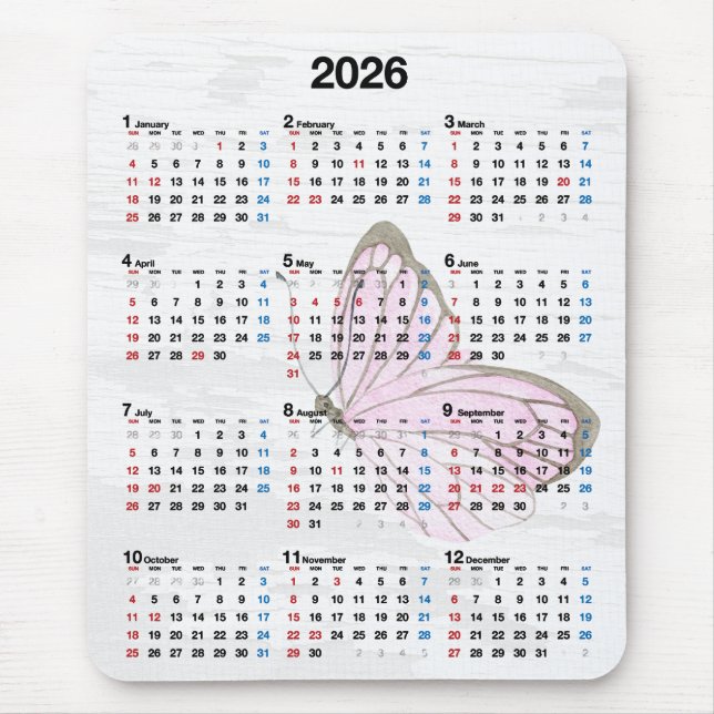 Alfombrilla De Ratón 2026 Year Calendar and Pink Butterfly  (Frente)