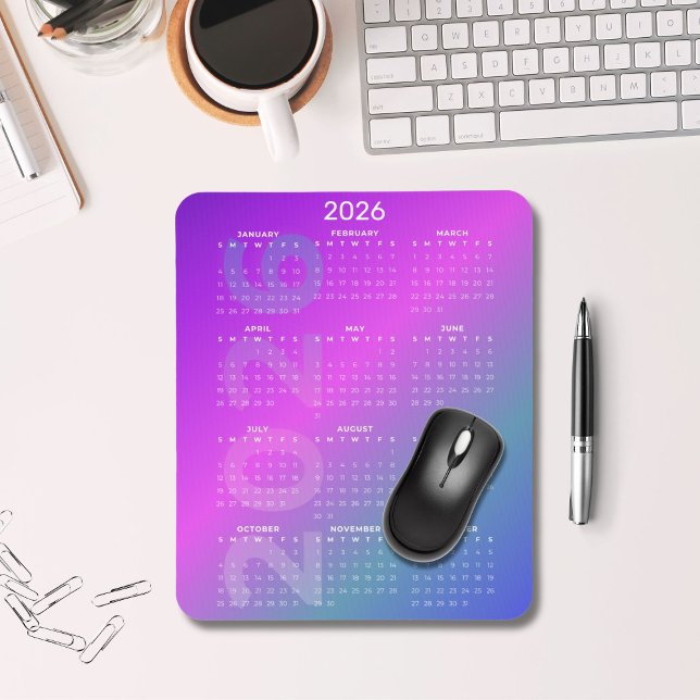 Alfombrilla De Ratón 2026 Year Calendar Gradient Background Vertical  (2026 Full Year Calendar Mousepad Pink Blue Gradient)