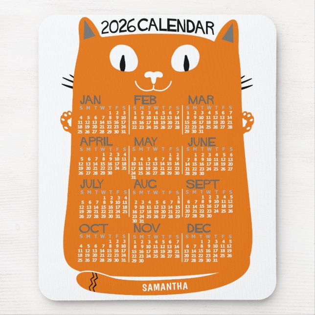 Alfombrilla De Ratón 2026 Year Monthly Calendar Mid-Century Orange Cat (Frente)