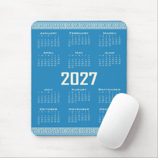 Alfombrilla De Ratón 2027 Calendar, Greek Fret, Cosmic Latte on Blue