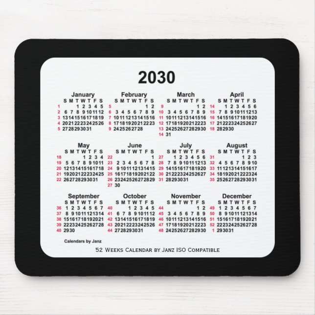 Alfombrilla De Ratón 2030 Negro 52 semanas Calendario ISO de Janz Two T (Frente)