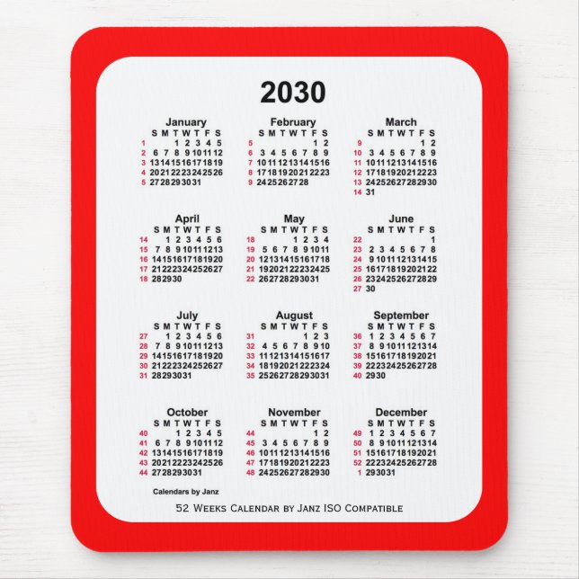 Alfombrilla De Ratón 2030 Red 52 Semanas Calendario ISO de Janz Two Ton (Frente)