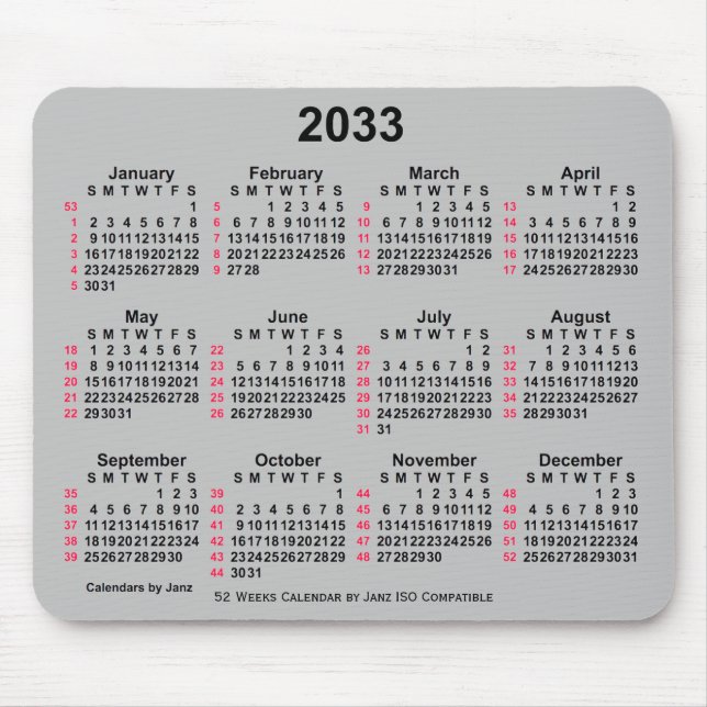 Alfombrilla De Ratón 2033 Silver 52 Weeks ISO Calendar by Janz (Frente)