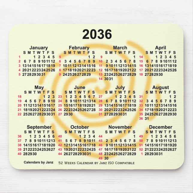 Alfombrilla De Ratón 2036 Días soleados Calendario ISO de 52 semanas po (Frente)