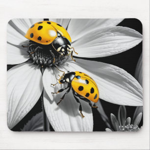 Alfombrilla De Ratón Abeja Amarillo De Ladybugs Sobre Flor Blanca Negra