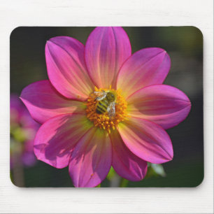 Alfombrilla De Ratón Abeja de miel sobre la flor de dahlia rosa