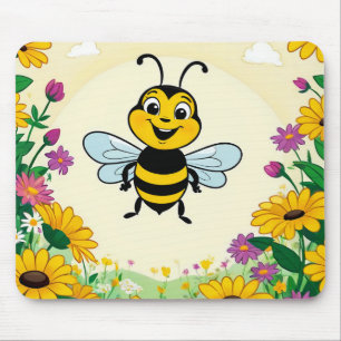 Alfombrilla De Ratón Abeja Feliz En Flores Coloridas 