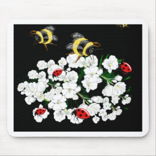 Alfombrilla De Ratón Abejas dramáticas mariquitas y flores blancas sobr
