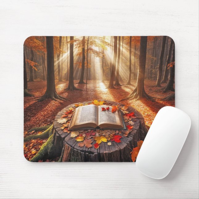 Alfombrilla De Ratón Abrir libro sobre Stump de árbol de otoño (Con ratón)