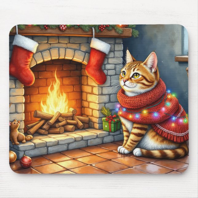 Alfombrilla De Ratón Abyssinian Cat Sitting by Fireplace with Christmas (Frente)