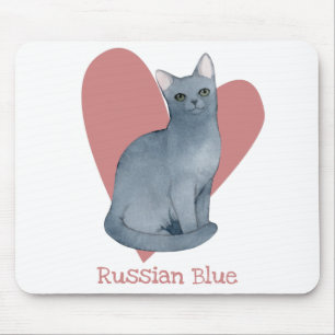 Alfombrilla De Ratón Acuarela azul de gato ruso Corazón gitano rosado