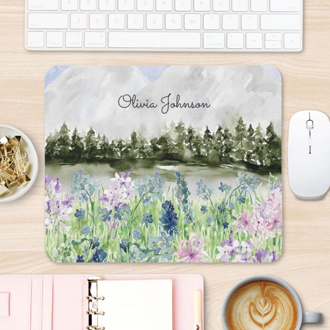 Alfombrilla De Ratón Acuarela Azul Púrpura Flor pradera en montaña (In situ office desk)