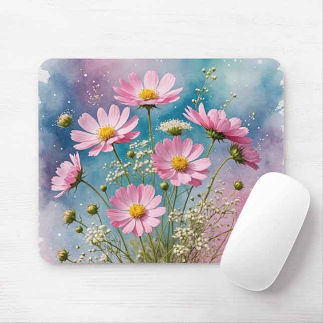 Alfombrilla De Ratón Acuarela Cosmos Rosa (Con ratón)