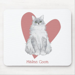 Alfombrilla De Ratón Acuarela de gato de Maine Coon Corazón rosa Kitty