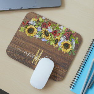 Alfombrilla De Ratón Acuarela de girasoles de madera rústica personaliz