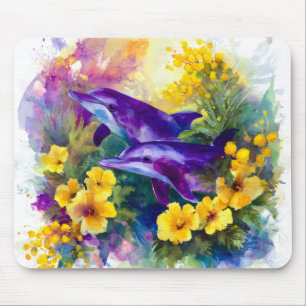 Alfombrilla De Ratón Acuarela delfines océano flores tropicales