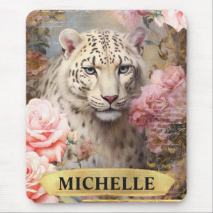 Alfombrilla De Ratón Acuarela Leopardo Blanco Vintage y Rosas Rosadas