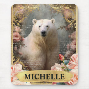 Alfombrilla De Ratón Acuarela Oso Polar Vintage y Rosas Rosadas