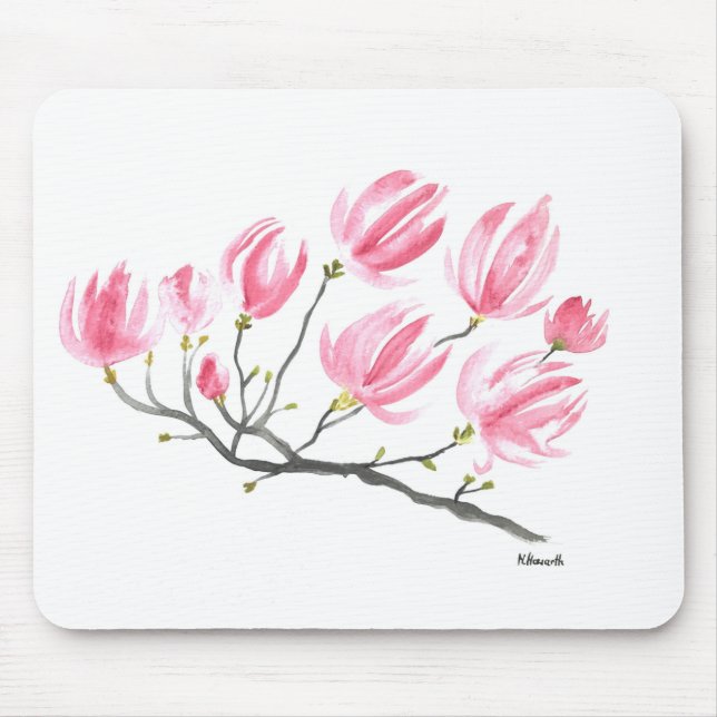 Alfombrilla De Ratón Acuarela Pink Magnolia Naturaleza Botánica Floral (Frente)