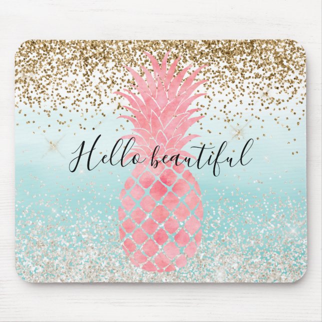 Alfombrilla De Ratón Acuarela rosa Tropical Piña Aqua Ombre oro (Frente)