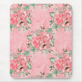 Alfombrilla De Ratón Acuarela shabby chic rosas rosadas y lunares