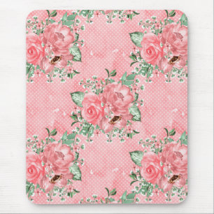 Alfombrilla De Ratón Acuarela shabby chic rosas rosadas y lunares