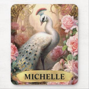 Alfombrilla De Ratón Acuarela vintage de pavo real blanco y rosas rosad