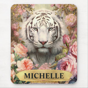 Alfombrilla De Ratón Acuarela vintage tigre blanco y rosas rosadas