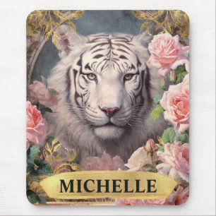 Alfombrilla De Ratón Acuarela vintage tigre blanco y rosas rosadas