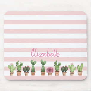 Alfombrilla De Ratón Adorable Cactus Acuarela, Rayas Rosadas