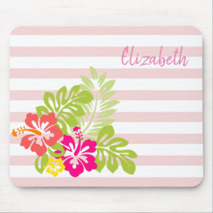 Alfombrilla De Ratón Adorable Hibisco Hawaiano, Rayas -Personalizado