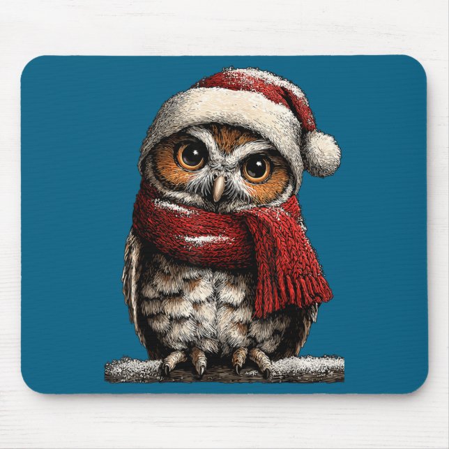 Alfombrilla De Ratón Adorable Owl With Santa Hat Snowy Winter Christmas (Frente)