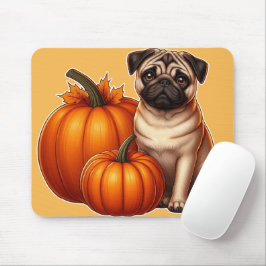 Alfombrilla De Ratón Adorable Pug Sentado Junto a Calabazas y Hojas