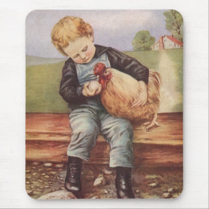 Alfombrilla De Ratón Adorable Vintage Boy y Pollo