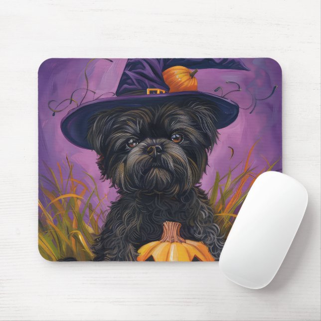 Alfombrilla De Ratón Affenpinscher Falloween Bruja y calabaza (Con ratón)