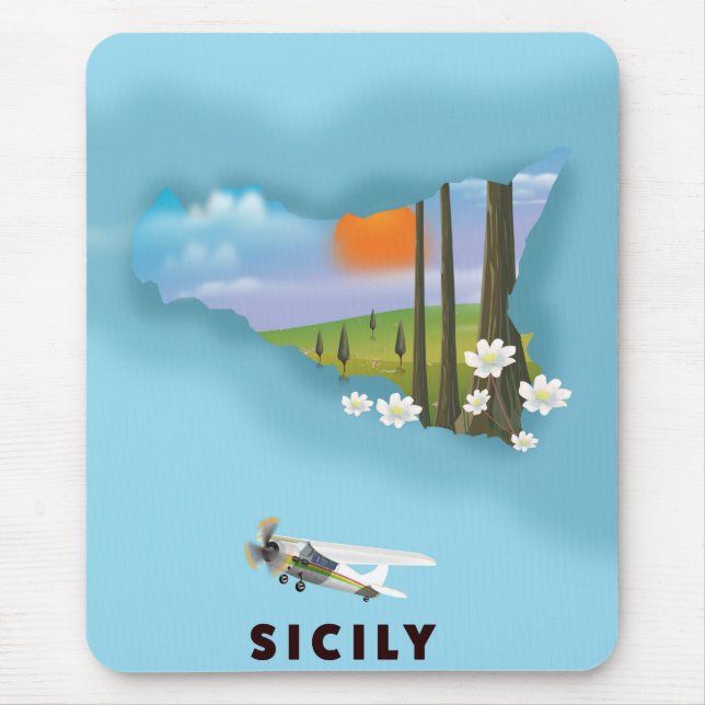 Alfombrilla De Ratón Afiche de viaje de mapa ilustrado por Sicilia (Frente)