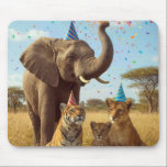 Alfombrilla De Ratón African Party Animals with Hats and Confetti<br><div class="desc">An elephant wearing a birthday party hat is spraying colorful confetti in the savannah grass with lion,  leopard,  and tiger cubs</div>