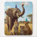 Alfombrilla De Ratón African Party Animals with Hats and Confetti<br><div class="desc">An elephant wearing a birthday party hat is spraying colorful confetti in the savannah grass with lion,  leopard,  and tiger cubs</div>