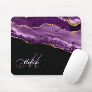 Alfombrilla De Ratón agate purpurina de moda monogramado morado y dorad