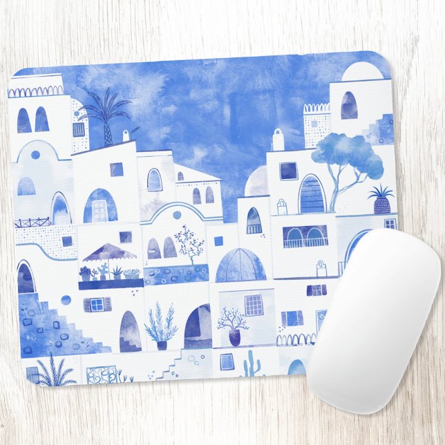Alfombrilla De Ratón Agua de Santorini Grecia (Santorini Greek Island blue and white watercolor painting on a mouse mat)