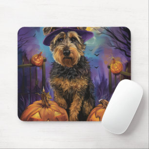 Alfombrilla De Ratón Airedale espeluznante de Halloween Bruja y Calabaz