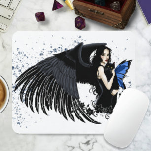 Alfombrilla De Ratón Alas de Ángel Gótico Gato Negro Hada Azul