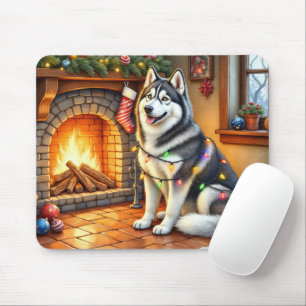 Alfombrilla De Ratón Alaskan Malamute Chimenea con Luces de Navidad