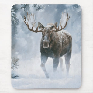 Alfombrilla De Ratón Alce Macho Caminando a Través de la Nieve Boreal