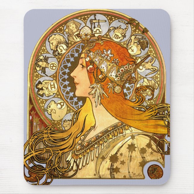 Alfombrilla De Ratón Alfonse Mucha Zodiac Art Nouveau Mujer (Frente)