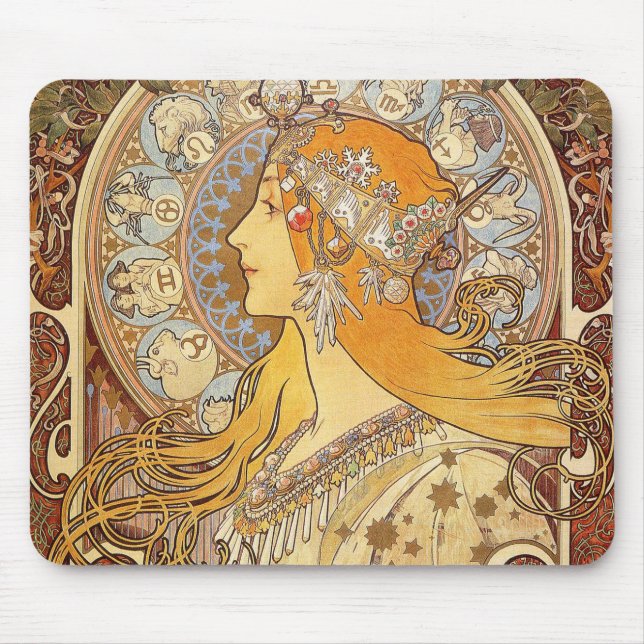 Alfombrilla De Ratón Alfonse Mucha Zodiac Art Nouveau Mujer (Frente)
