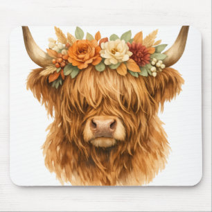 Alfombrilla De Ratón Almohada de Highland Cow con Corona Floral Boho  