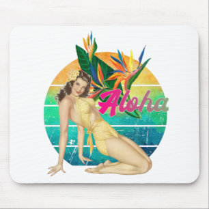 Alfombrilla De Ratón Aloha Tropical Pin-up chica retro arte de puesta d