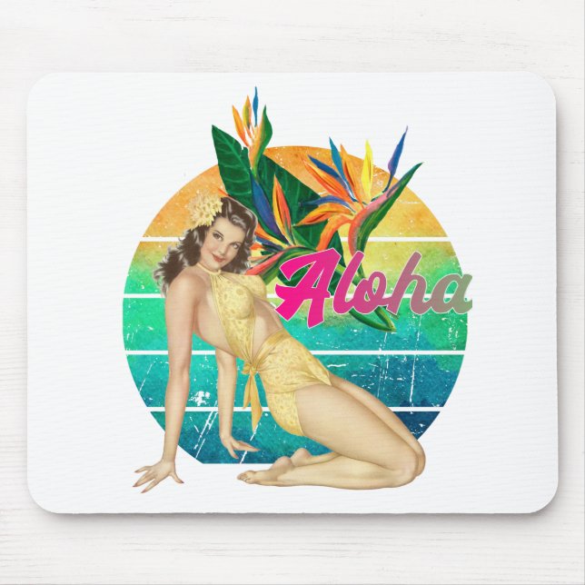 Alfombrilla De Ratón Aloha Tropical Pin-up chica retro arte de puesta d (Frente)